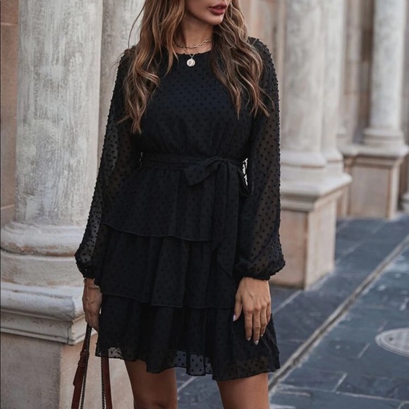 Black Swiss dot ruffle belted mini dress - Picture 7 of 7